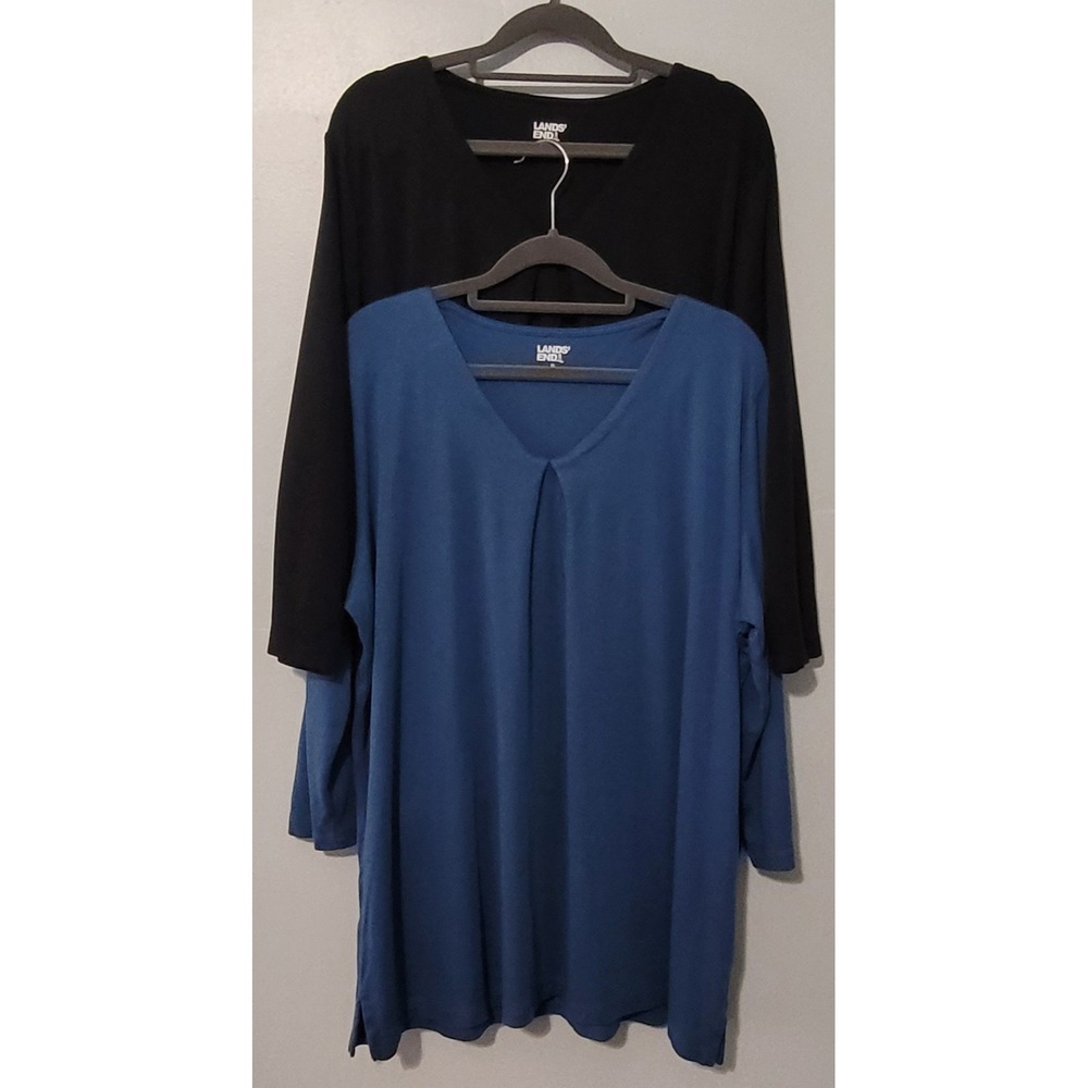 Lands End Womens Tunic Top Sz XL 18 Blue Black Pleat Front 3/4 Sleeve Lot of 2‎
